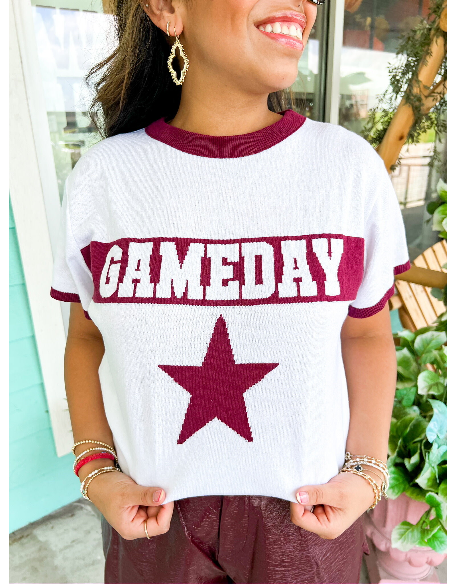 White & Maroon Gameday Ringer Sweater