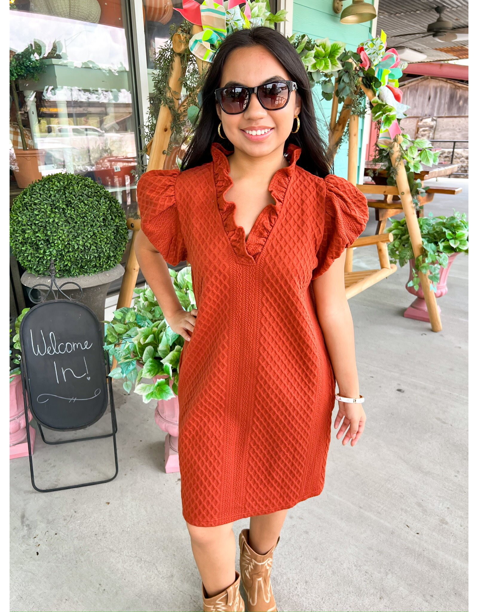 Rust Textured Ruffle V-Neck Dress