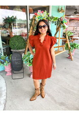 Rust Textured Ruffle V-Neck Dress