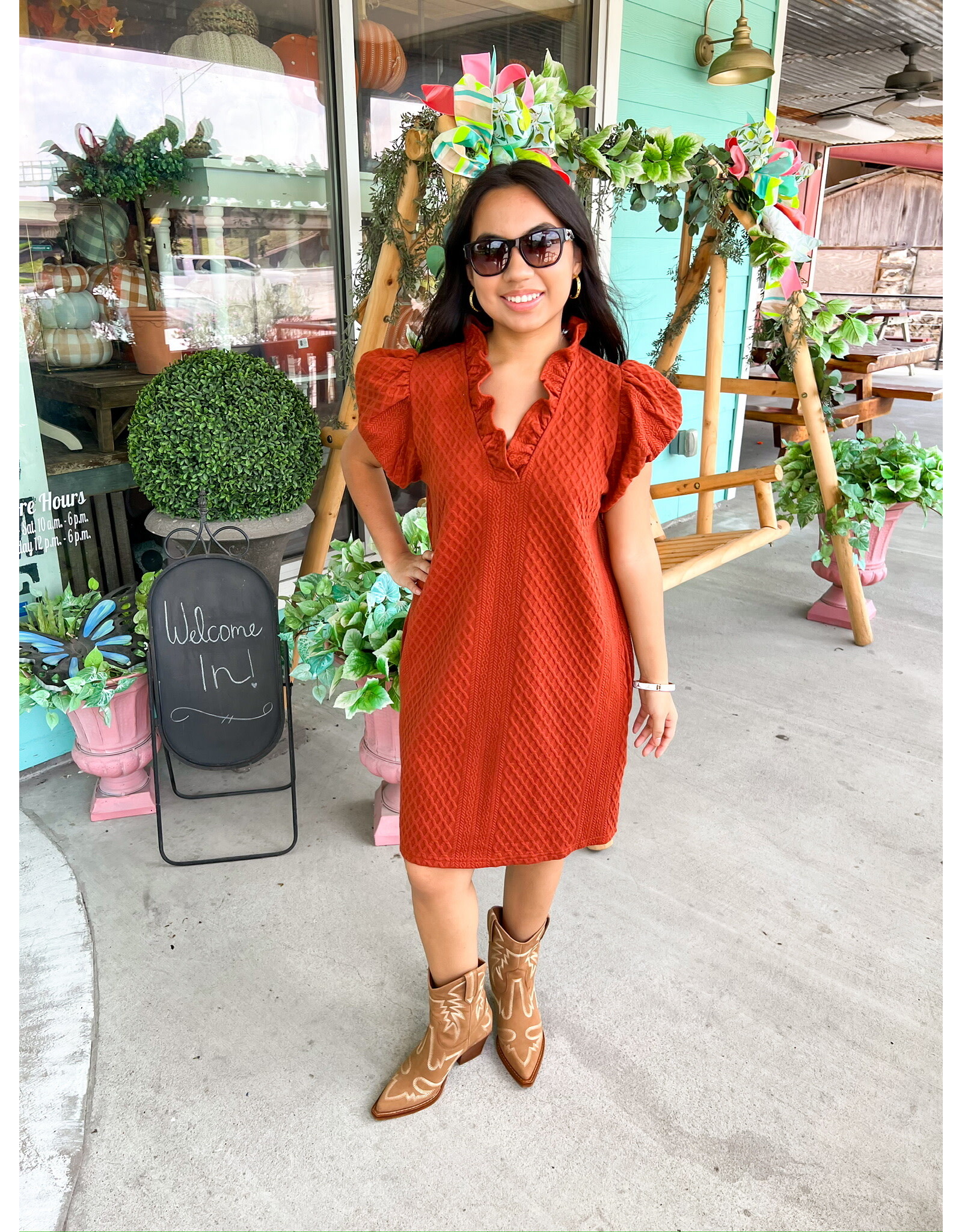 Rust Textured Ruffle V-Neck Dress