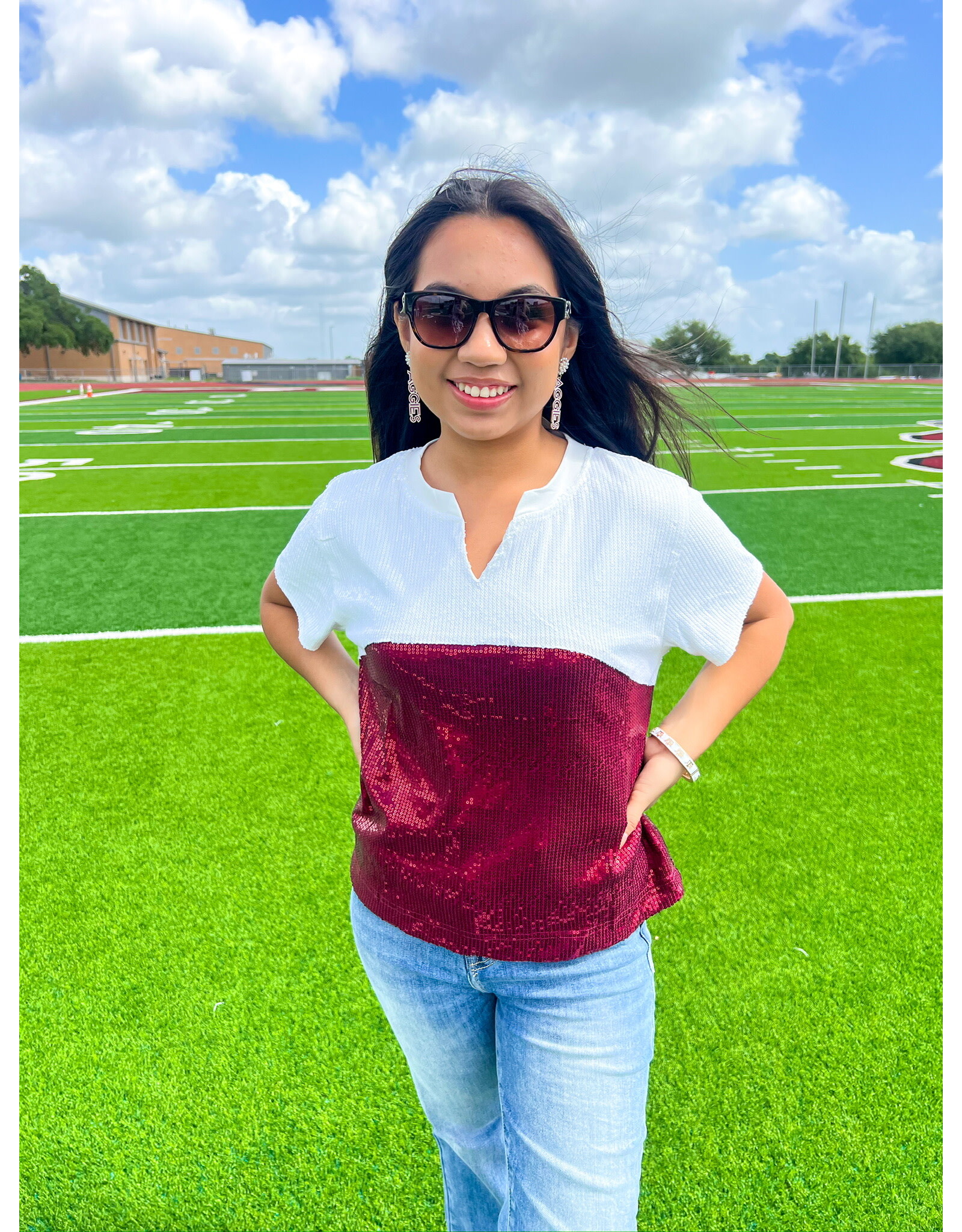 Maroon & White Sequin Diane Top