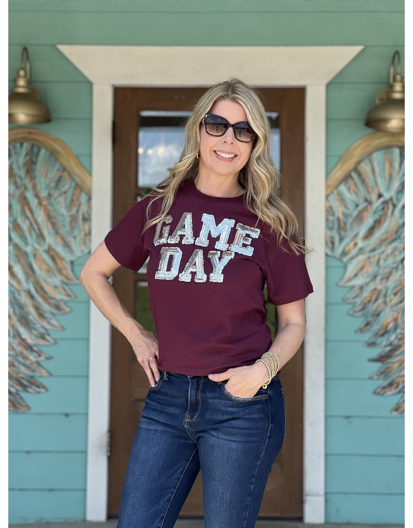 Silver Sequin GameDay on Maroon Tee