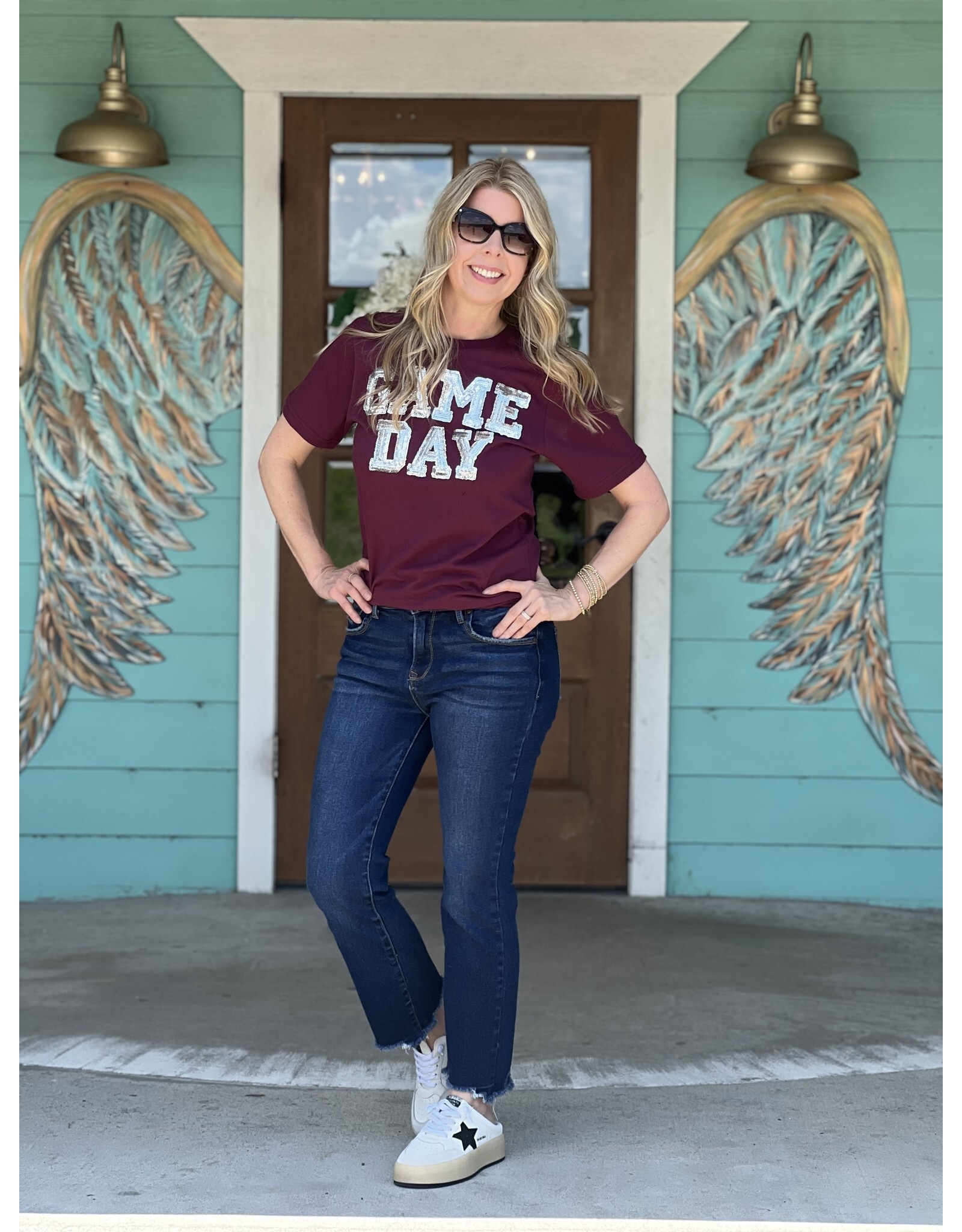 Silver Sequin GameDay on Maroon Tee