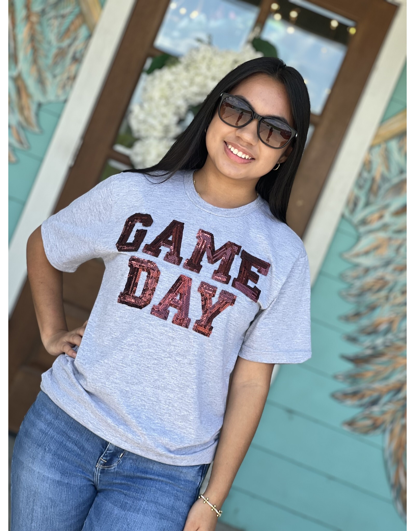 Maroon Sequin GameDay on Grey Tee