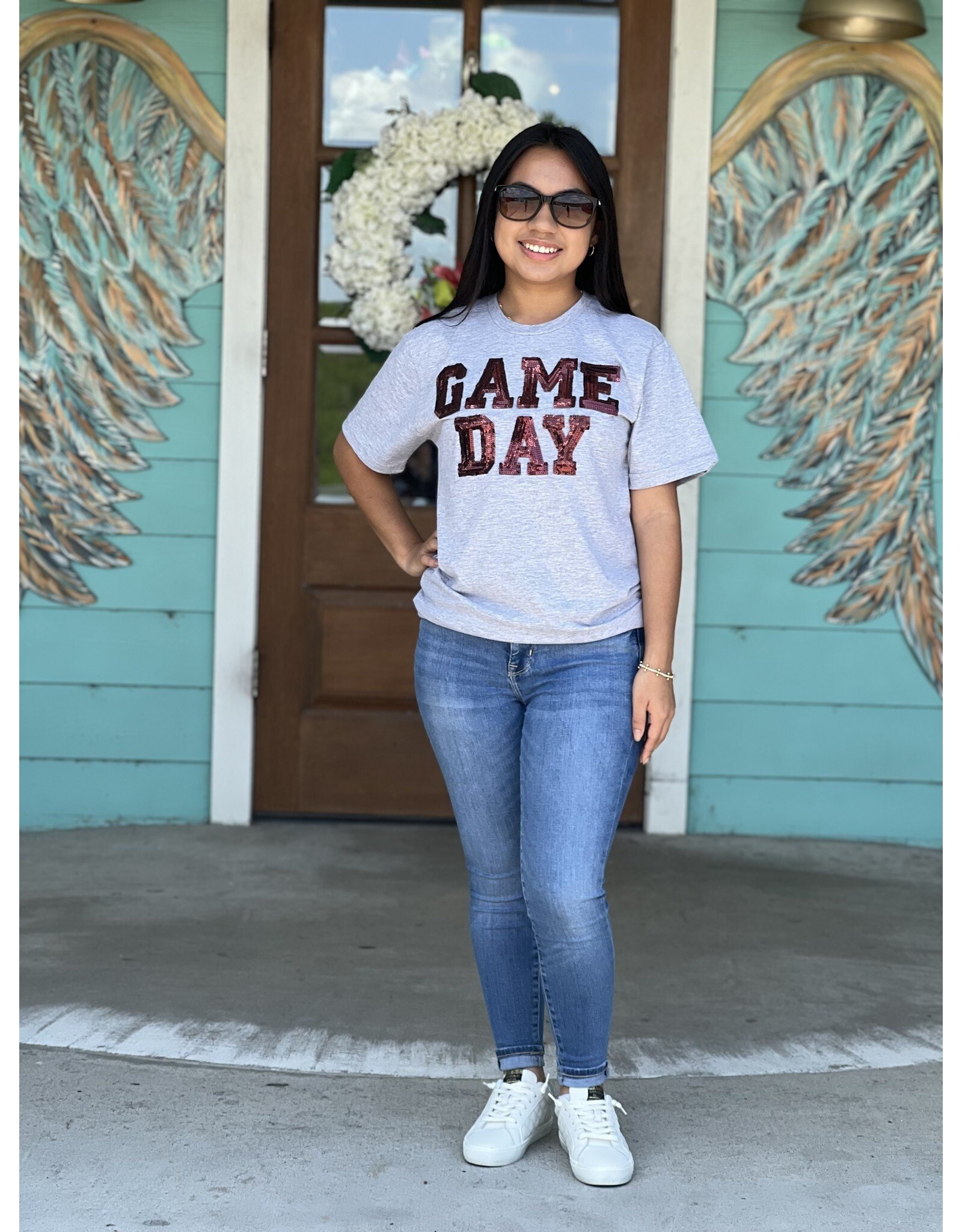 Maroon Sequin GameDay on Grey Tee