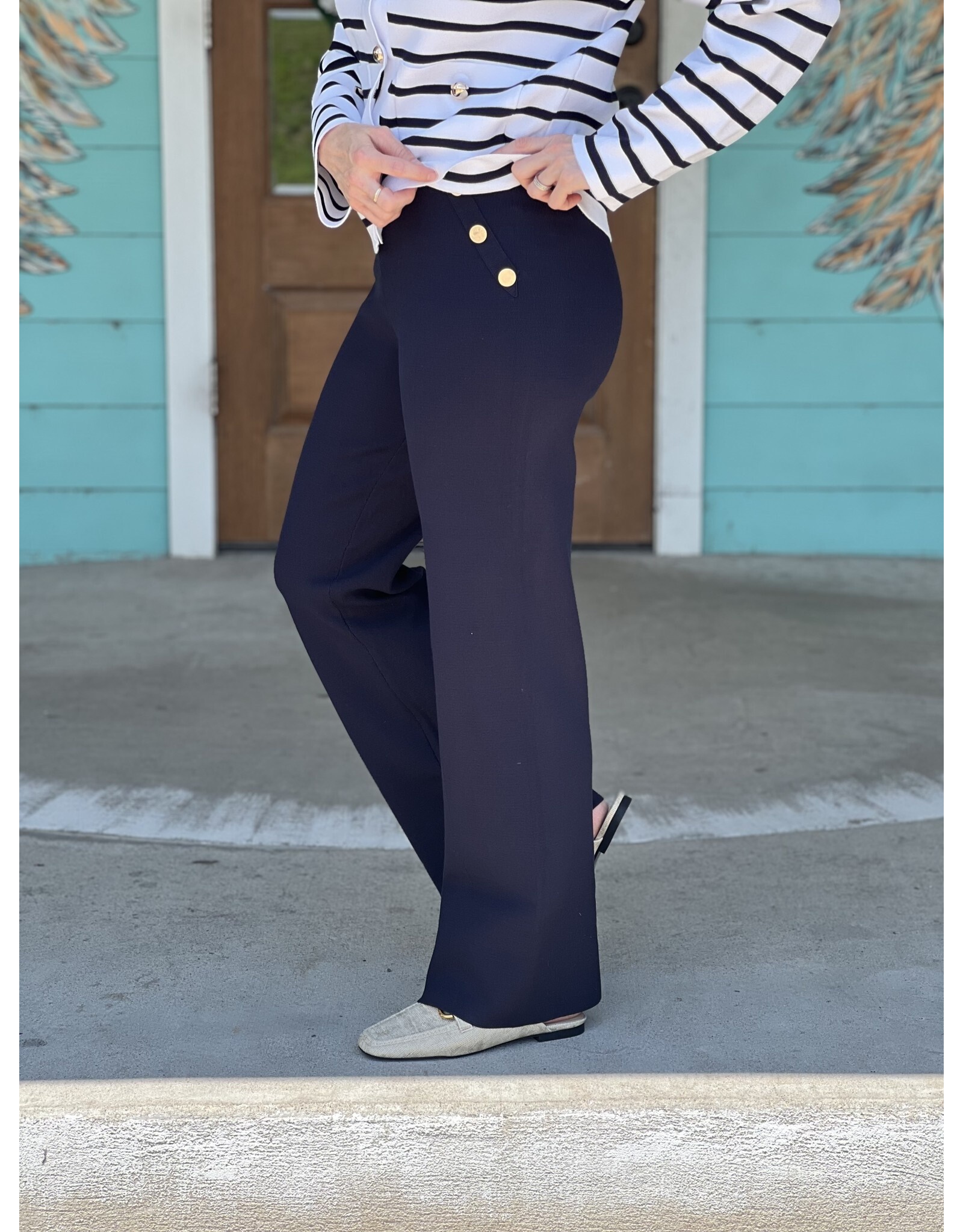 Navy Gold Button Straight Leg Pants