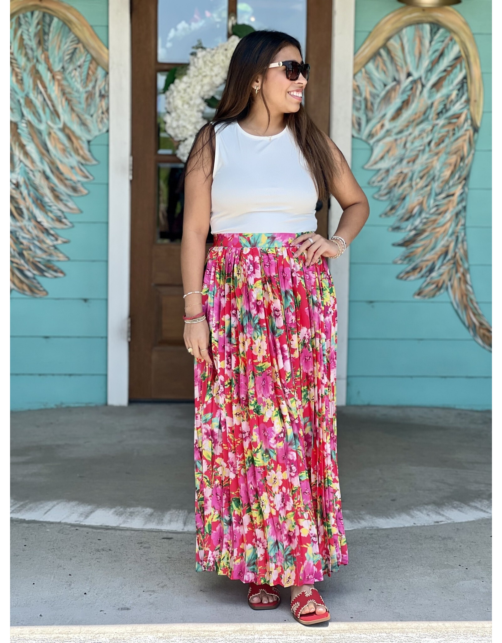 Hot Pink Floral Pleated Maxi Skirt