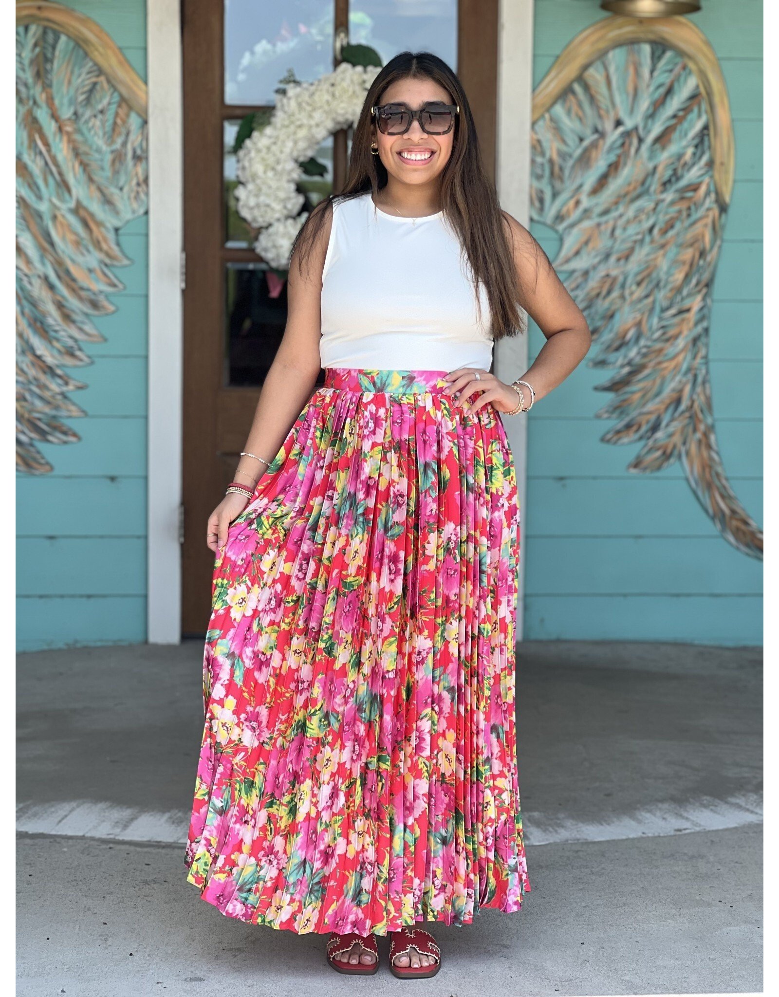 Hot Pink Floral Pleated Maxi Skirt