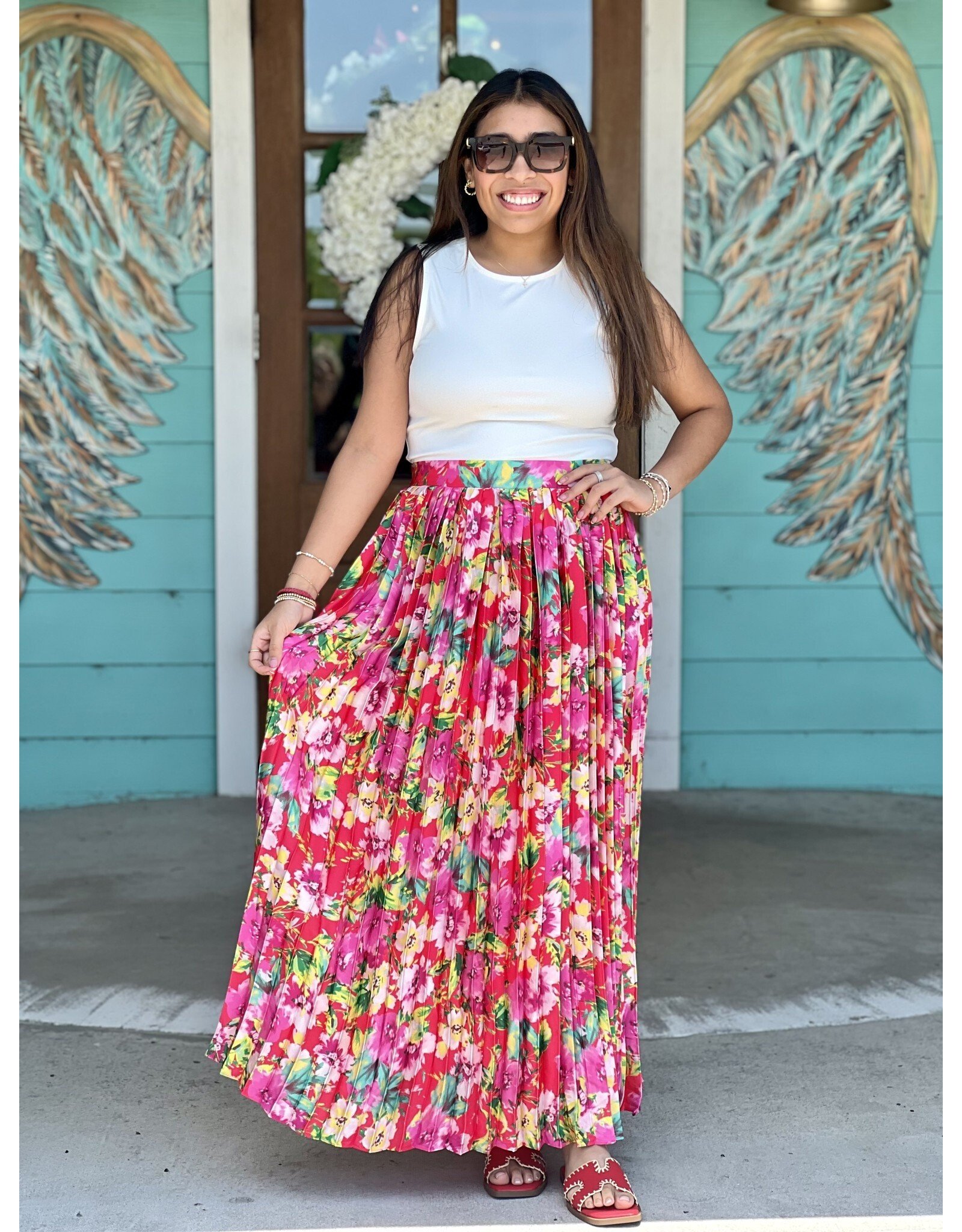 Hot Pink Floral Pleated Maxi Skirt