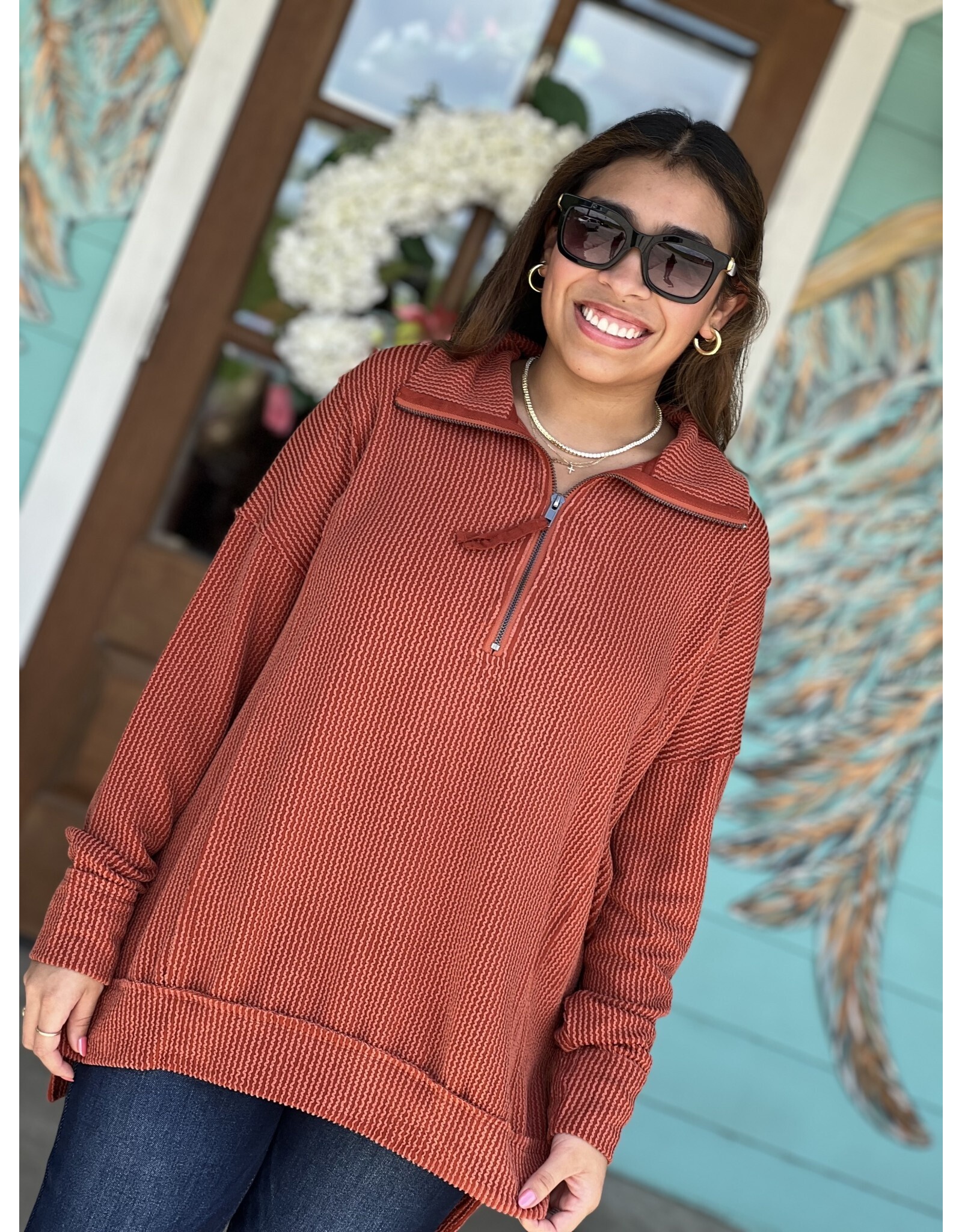 Rust Half Zip Textured Pullover