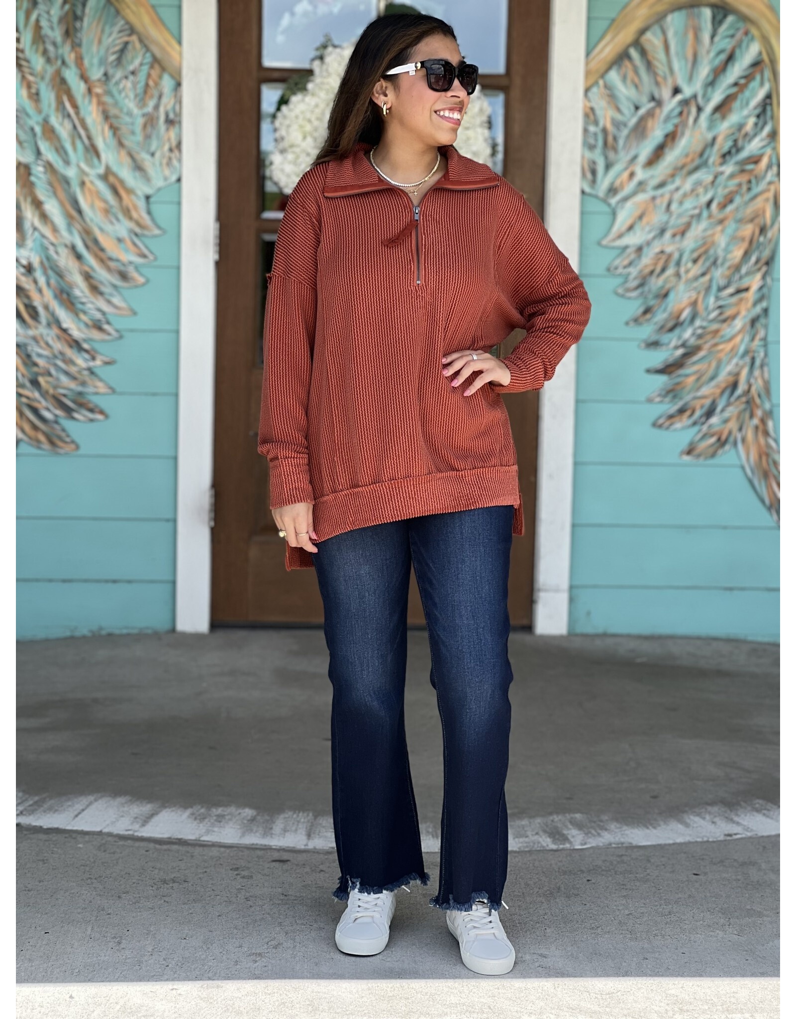 Rust Half Zip Textured Pullover