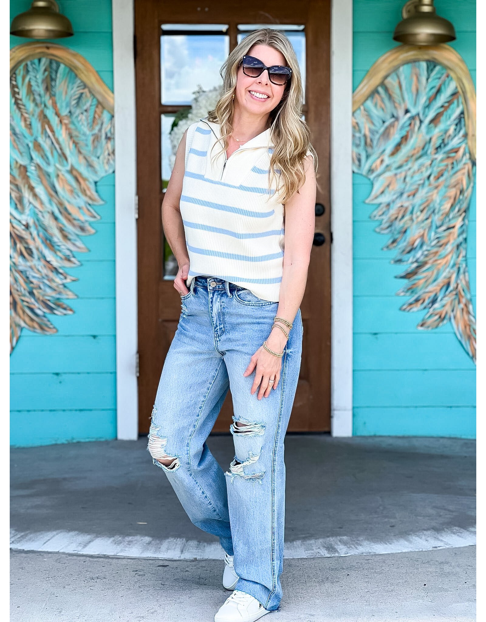 Ivory & Powder Blue Zipper Top