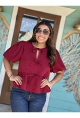 Burgundy Peplum Top w/ Bow Detail