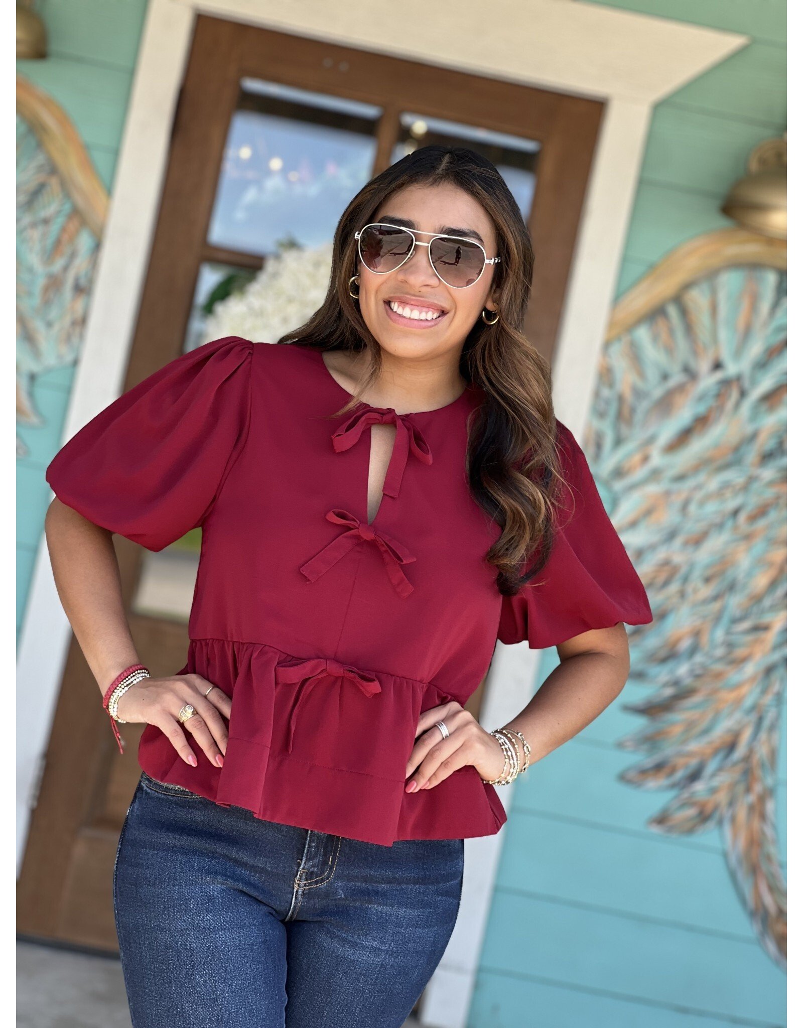 Burgundy Peplum Top w/ Bow Detail