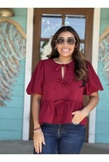 Burgundy Peplum Top w/ Bow Detail