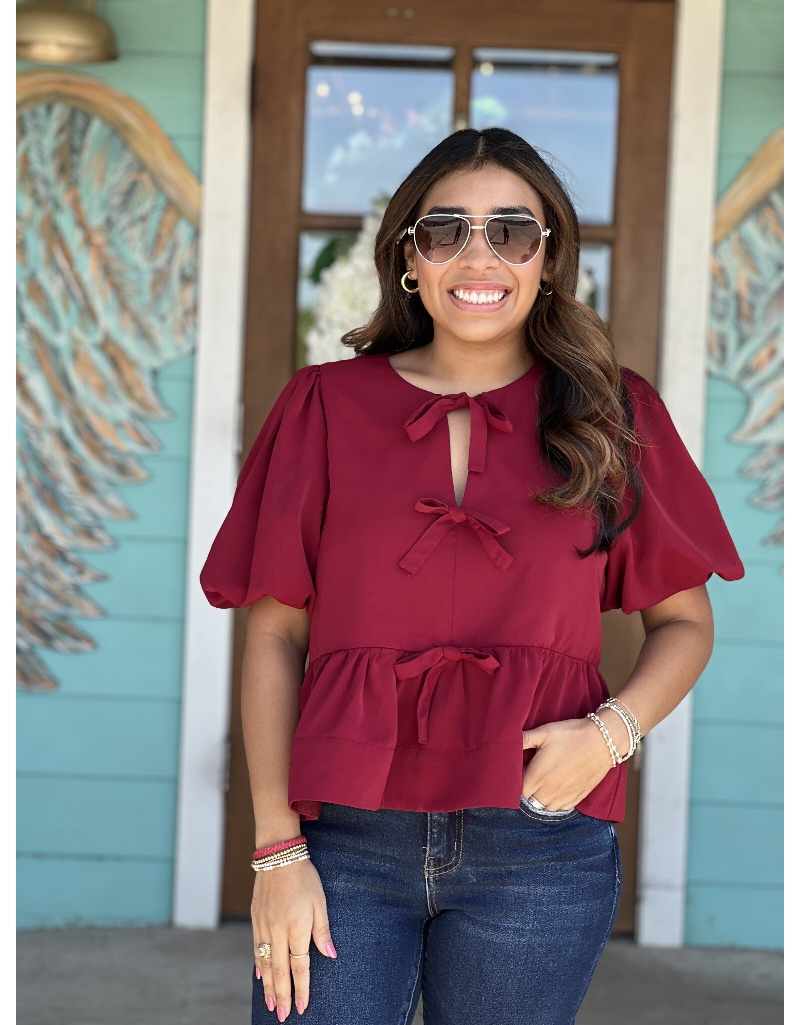 Burgundy Peplum Top w/ Bow Detail