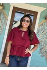 Burgundy Peplum Top w/ Bow Detail