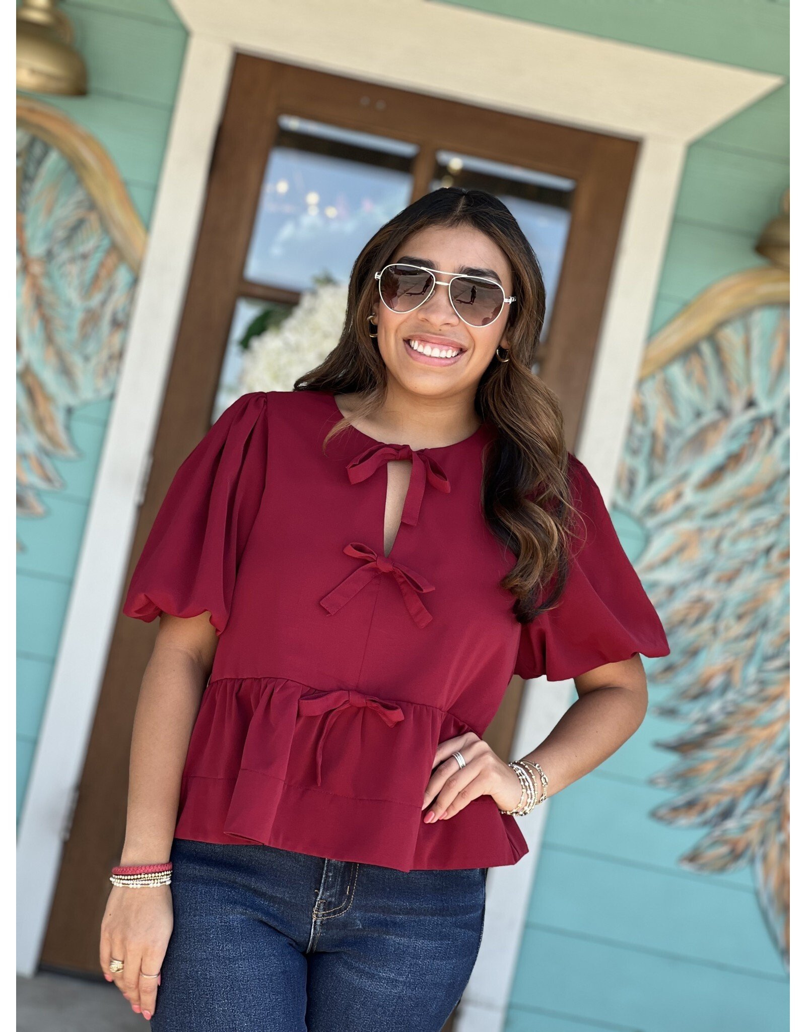 Burgundy Peplum Top w/ Bow Detail