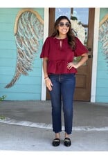 Burgundy Peplum Top w/ Bow Detail