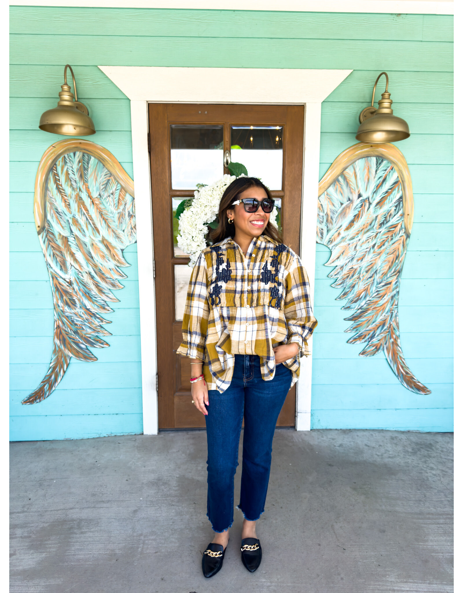 Mustard Plaid Embroidered Button Up Top