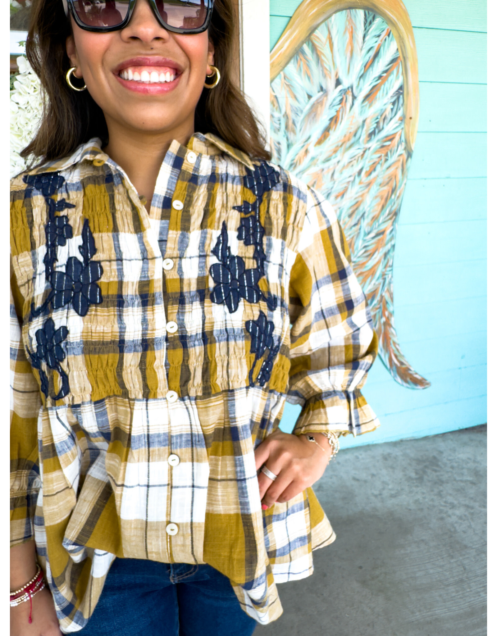 Mustard Plaid Embroidered Button Up Top