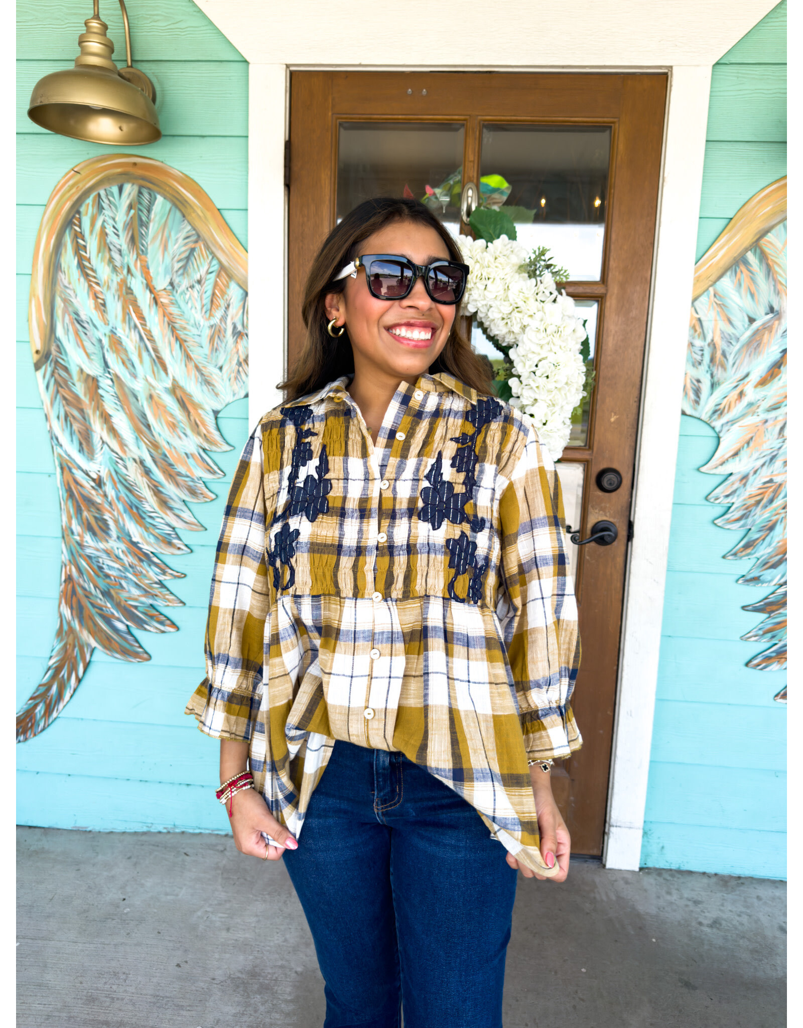 Mustard Plaid Embroidered Button Up Top