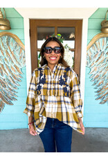 Mustard Plaid Embroidered Button Up Top