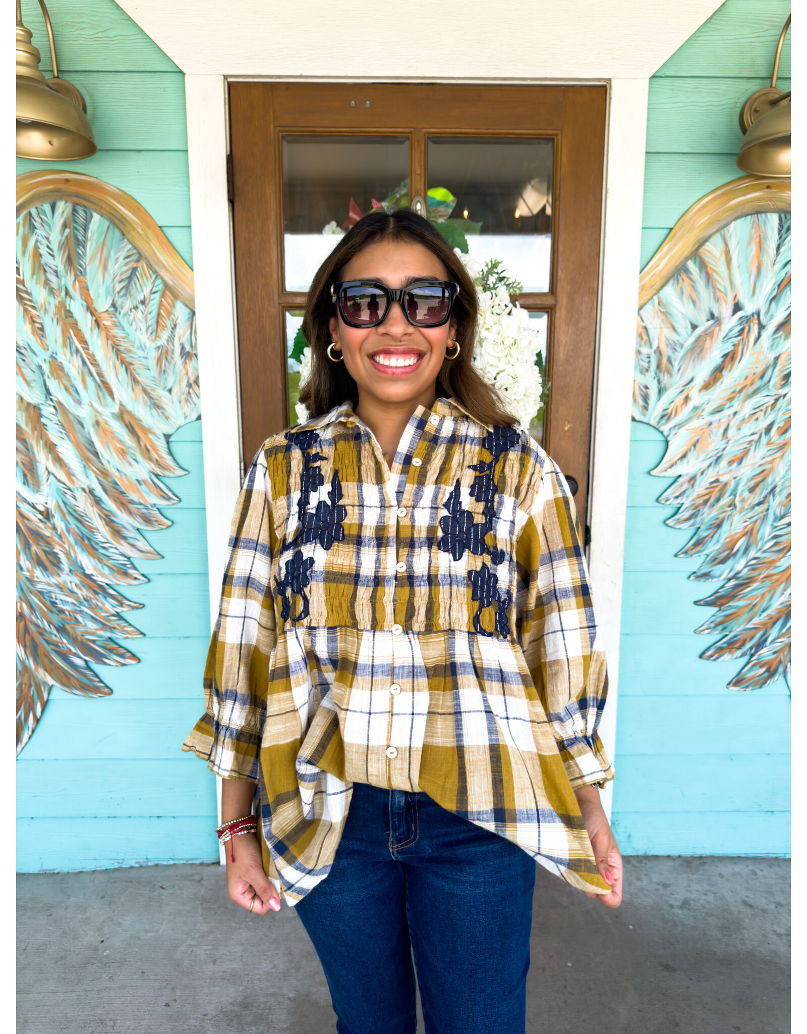 Mustard Plaid Embroidered Button Up Top