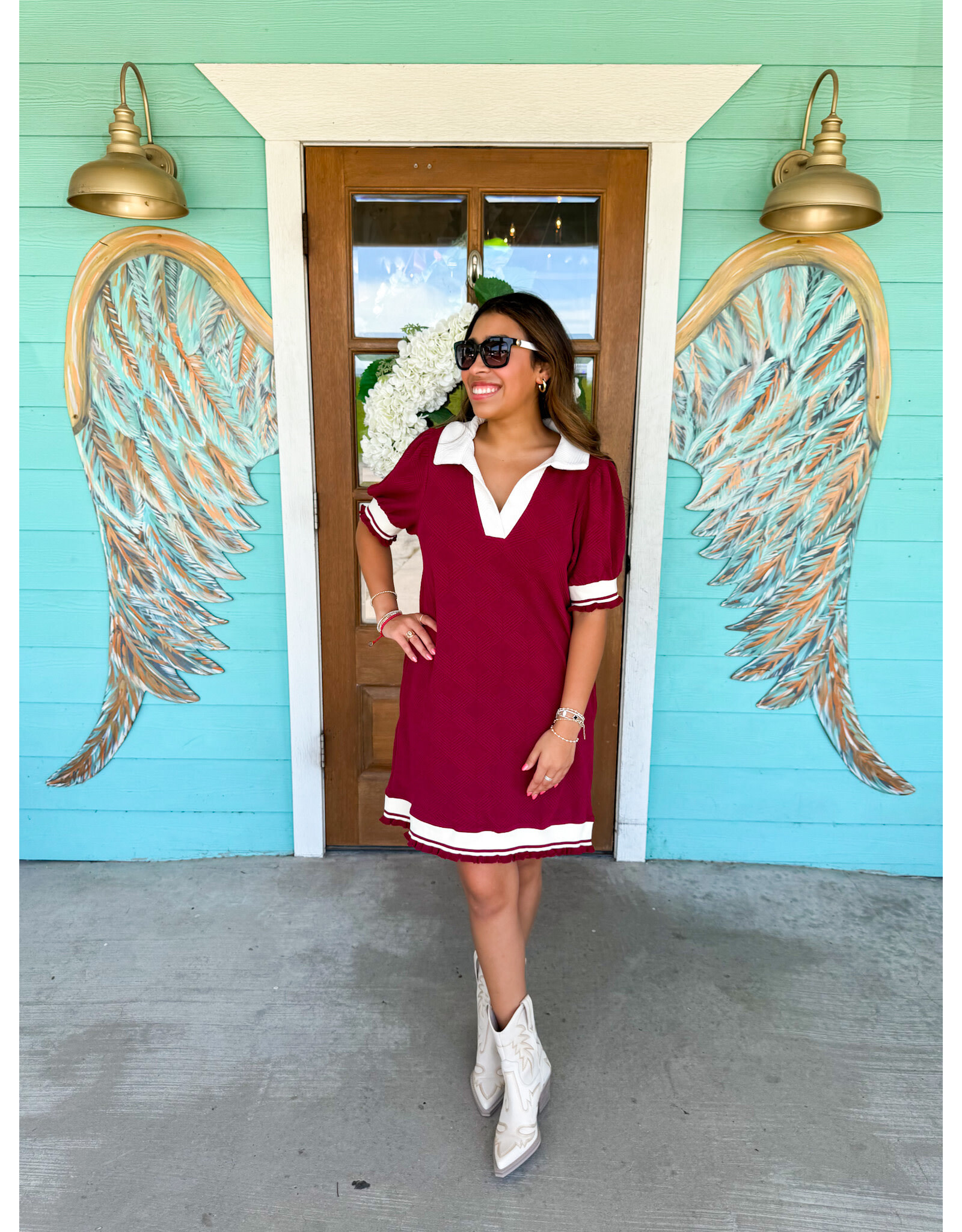 Maroon & Ivory Trim Dress