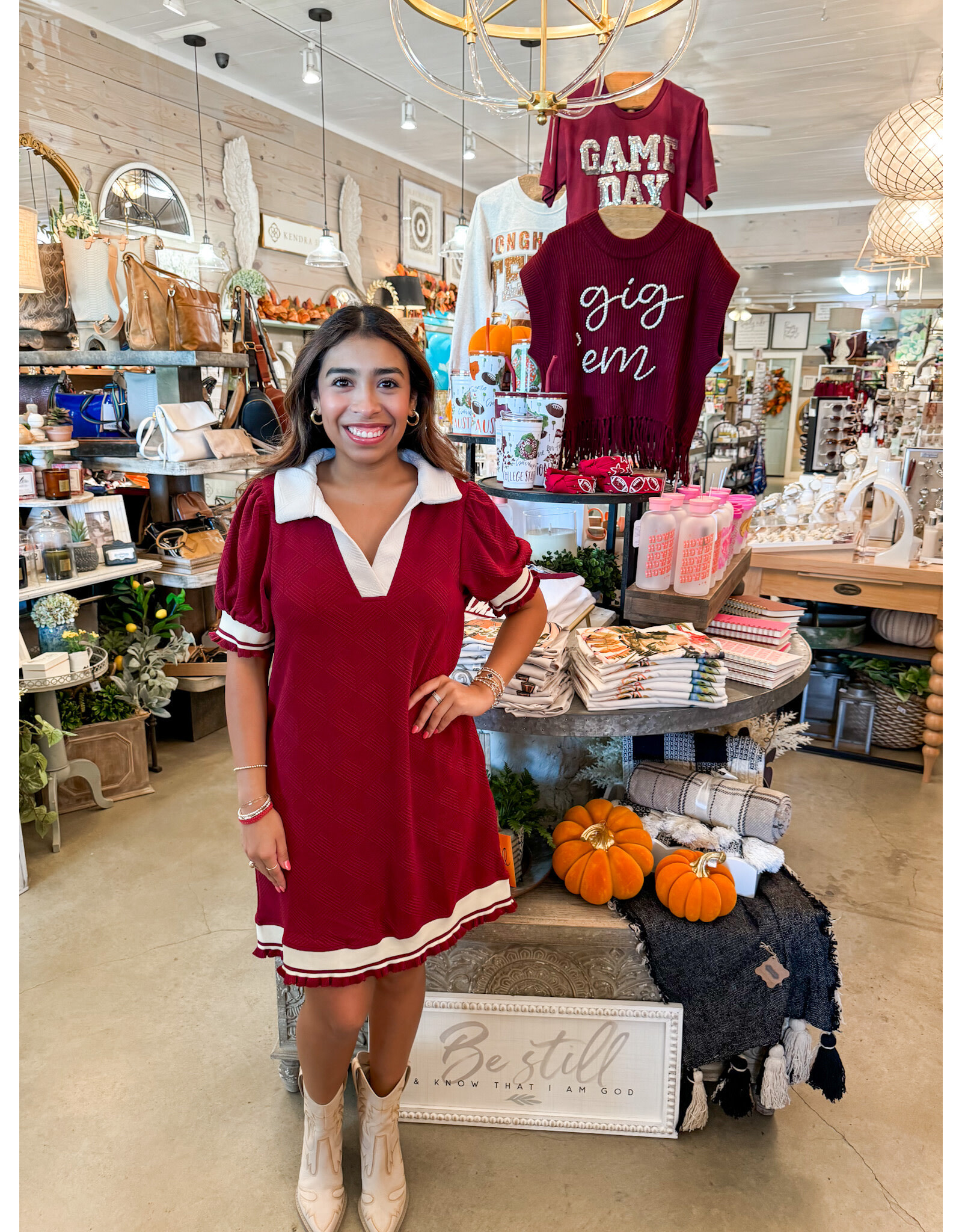 Maroon & Ivory Trim Dress