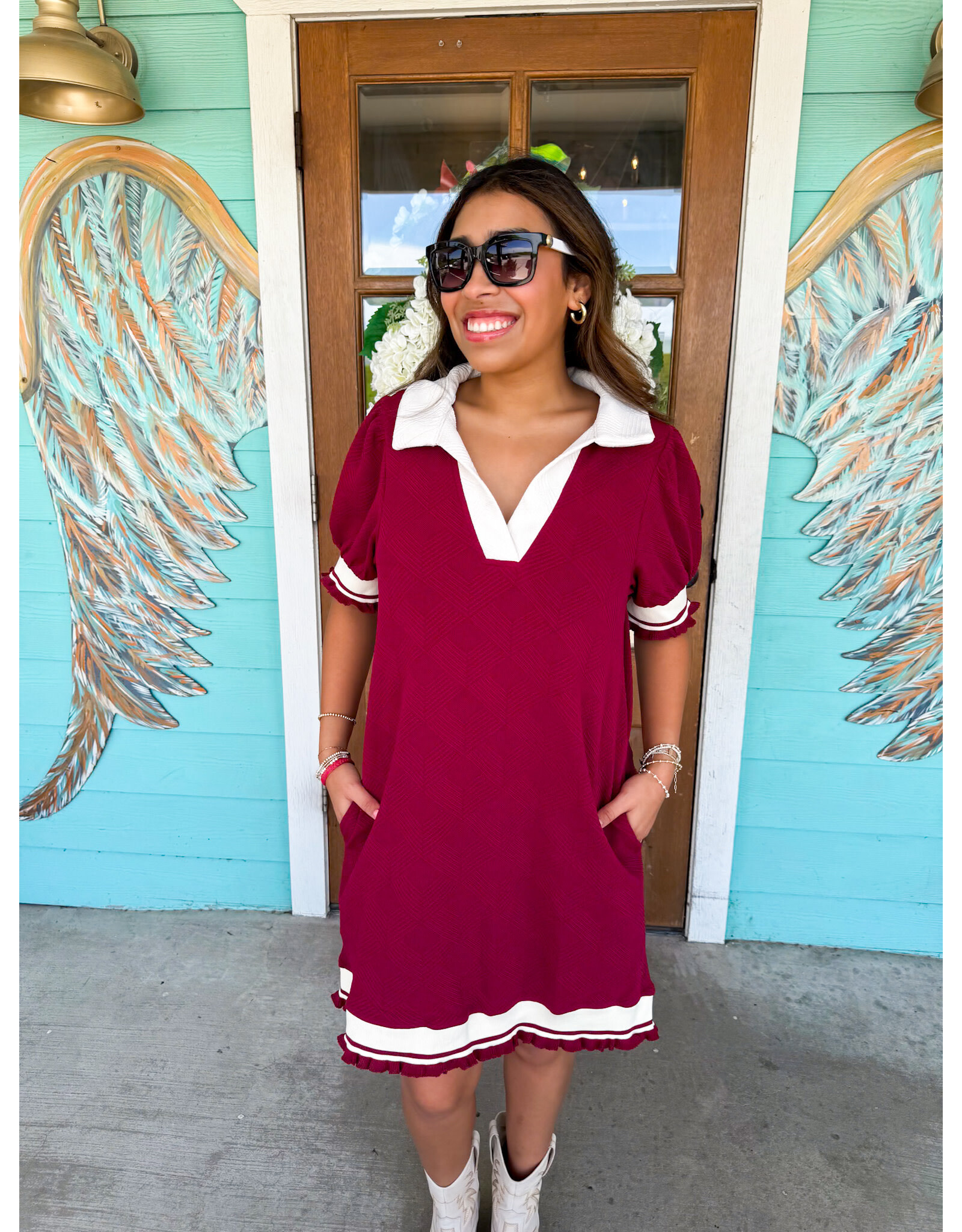 Maroon & Ivory Trim Dress