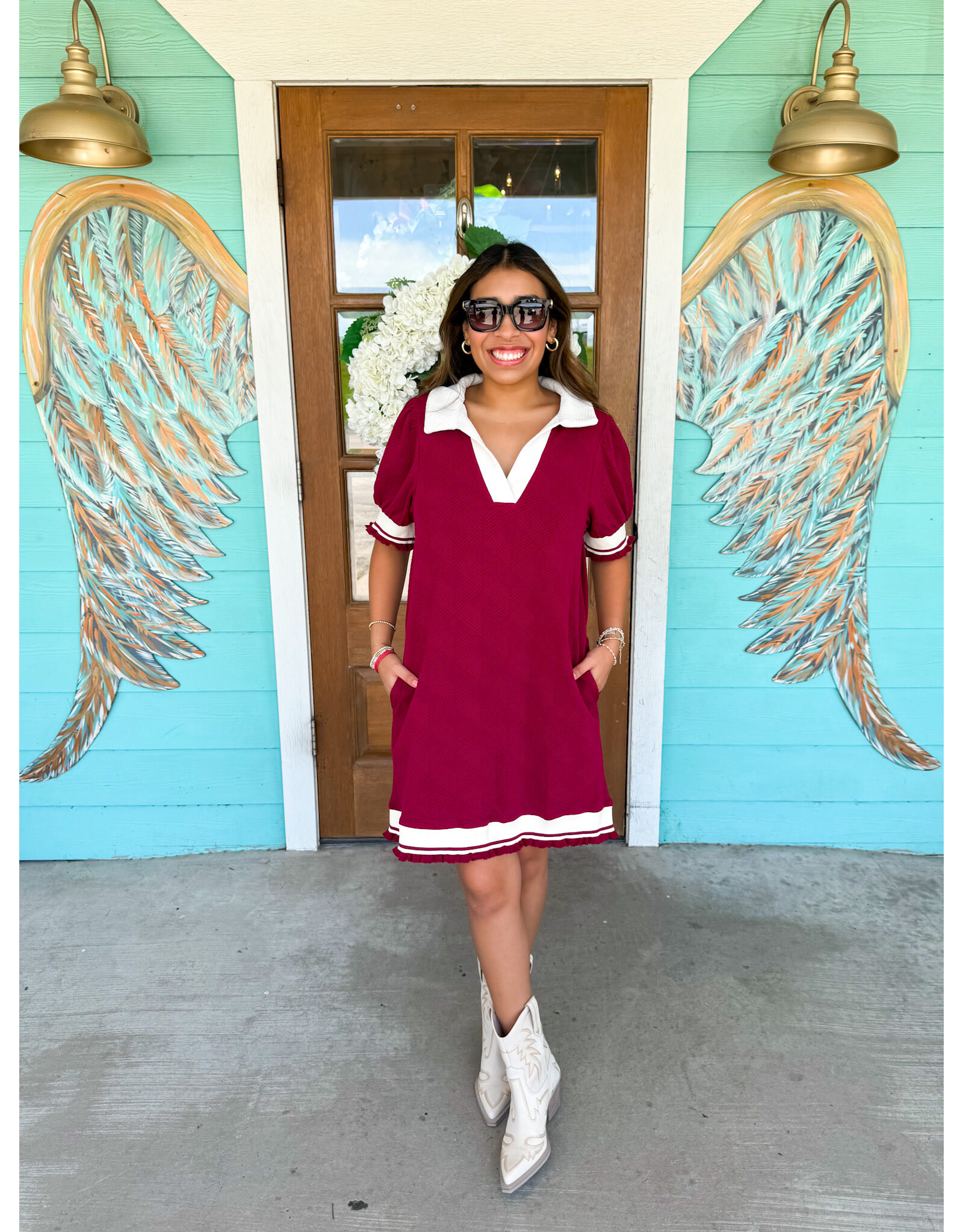 Maroon & Ivory Trim Dress