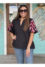 Black Top w/Embroidery Sleeve Detail