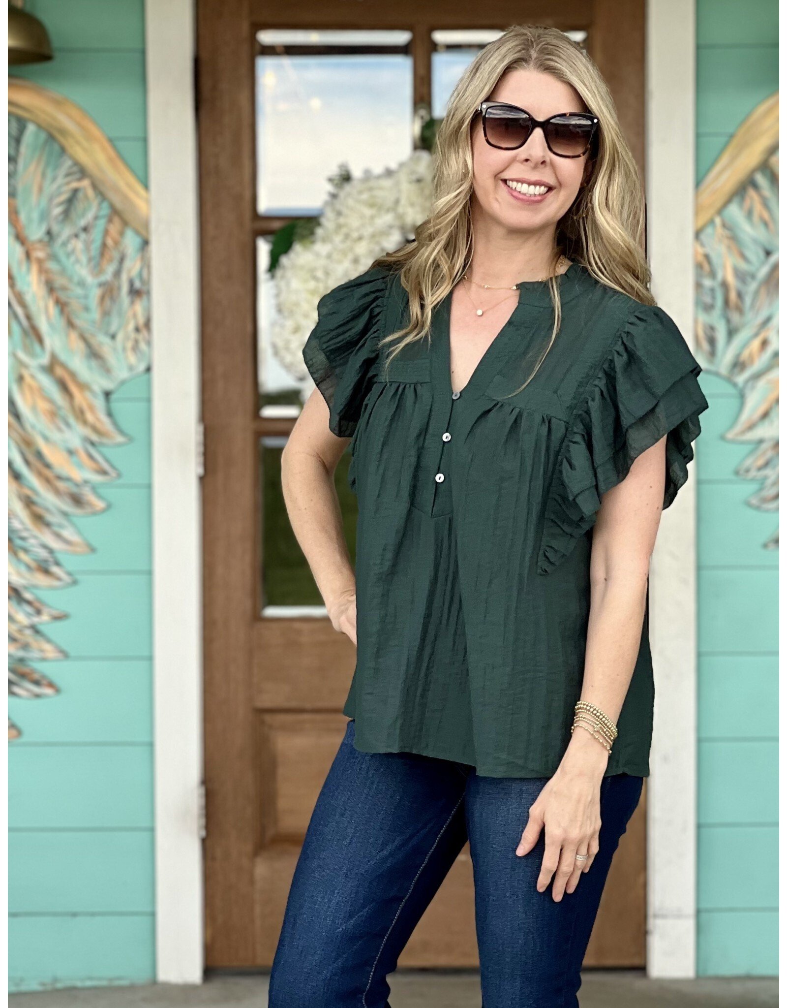 Hunter Green Ruffle Sleeve Top