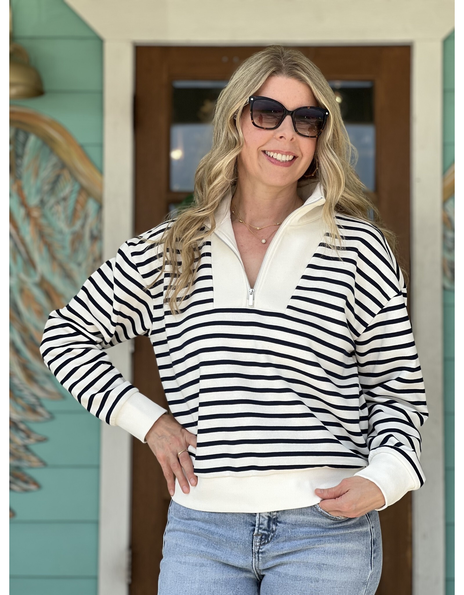 White & Navy Stripe Terry Half Zip Top