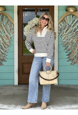 White & Navy Stripe Terry Half Zip Top