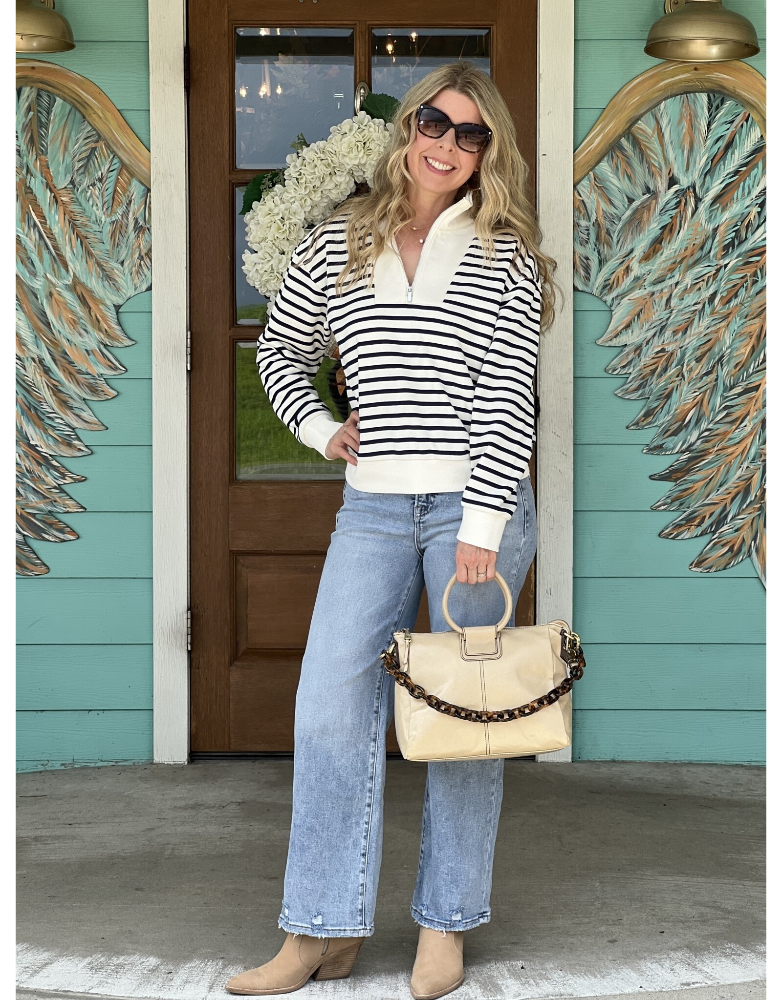 White & Navy Stripe Terry Half Zip Top