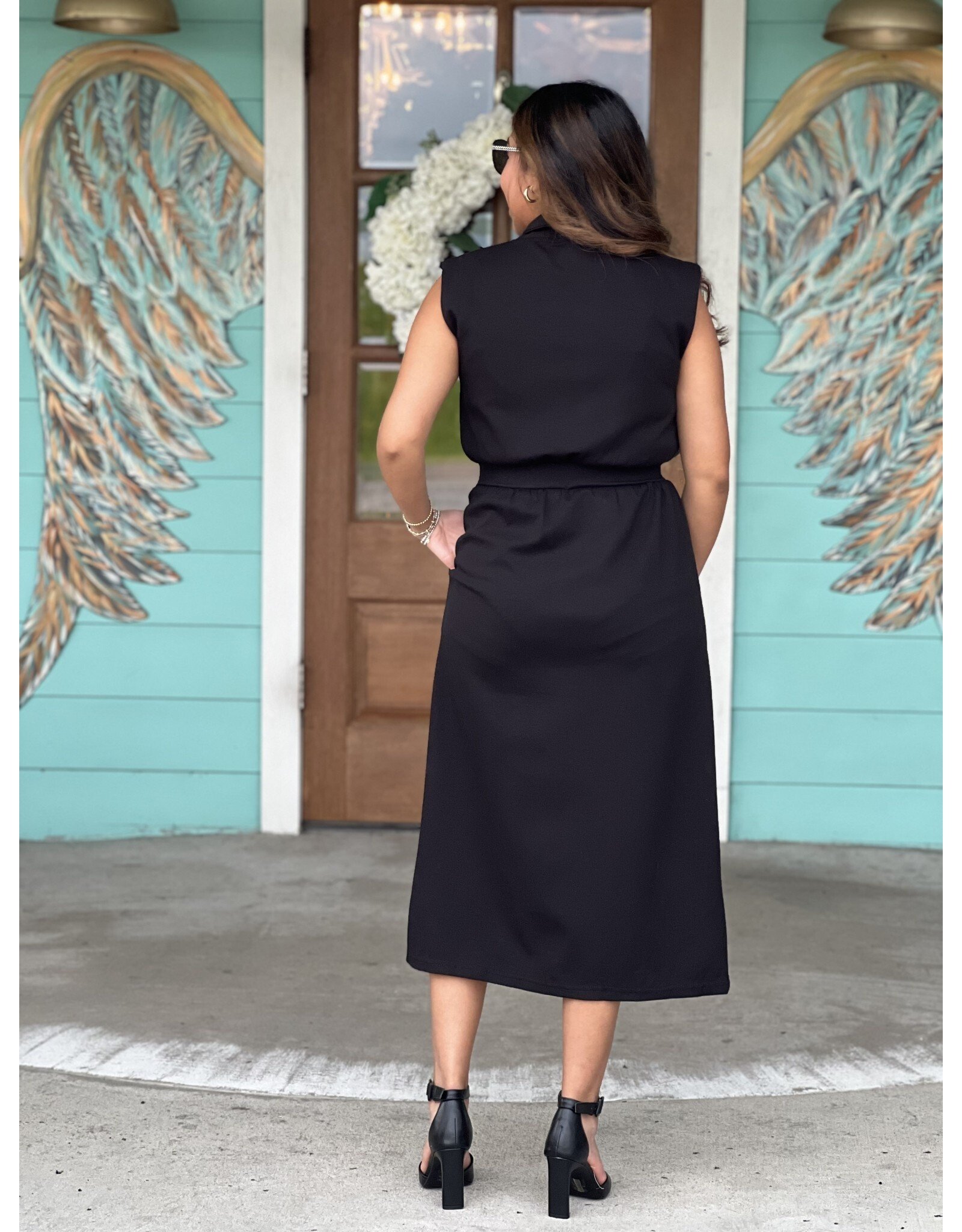 Black Zipper Detail Midi Dress