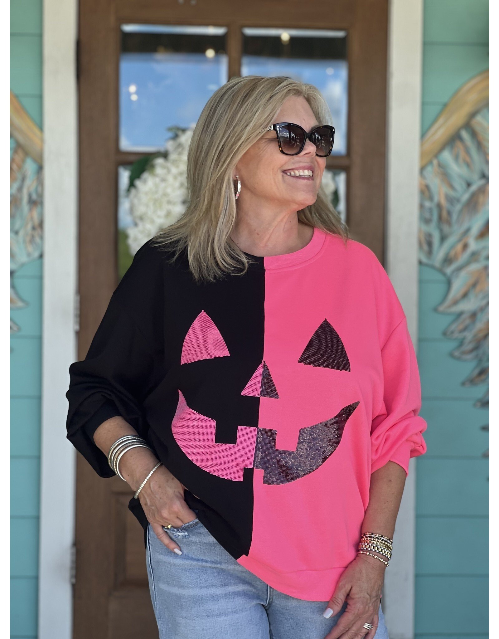 Queen of Sparkles Black & Neon Pink Pumpkin Sweatshirt