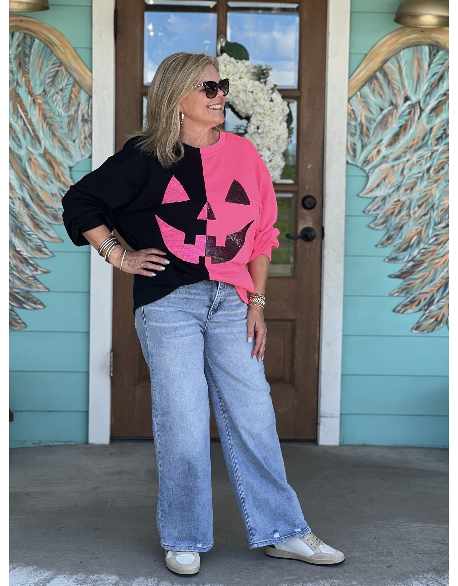 Queen of Sparkles Black & Neon Pink Pumpkin Sweatshirt