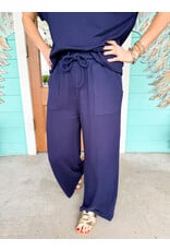 Navy Textured Wide Leg Pants