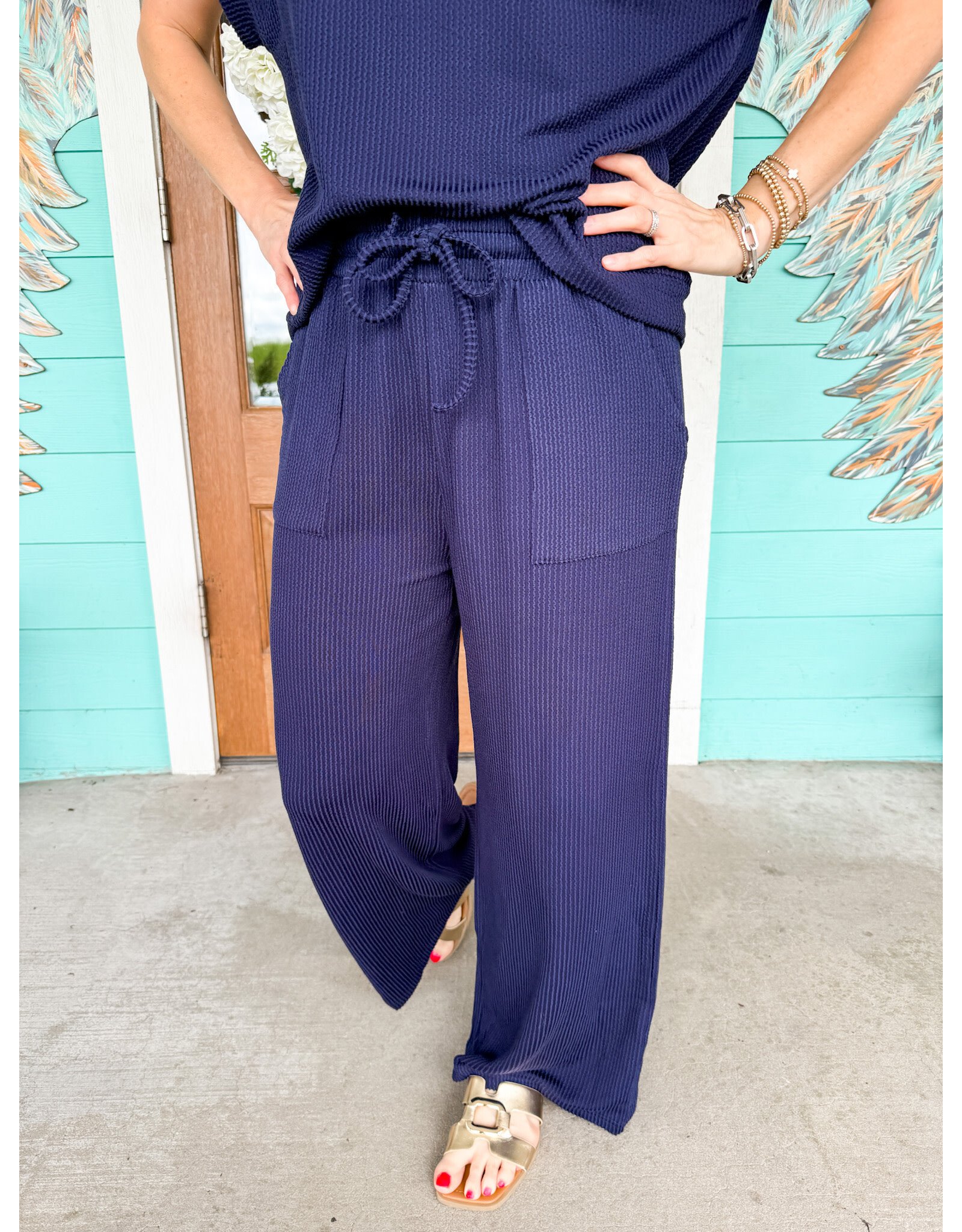 Navy Textured Wide Leg Pants