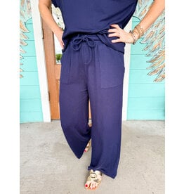 Navy Textured Wide Leg Pants