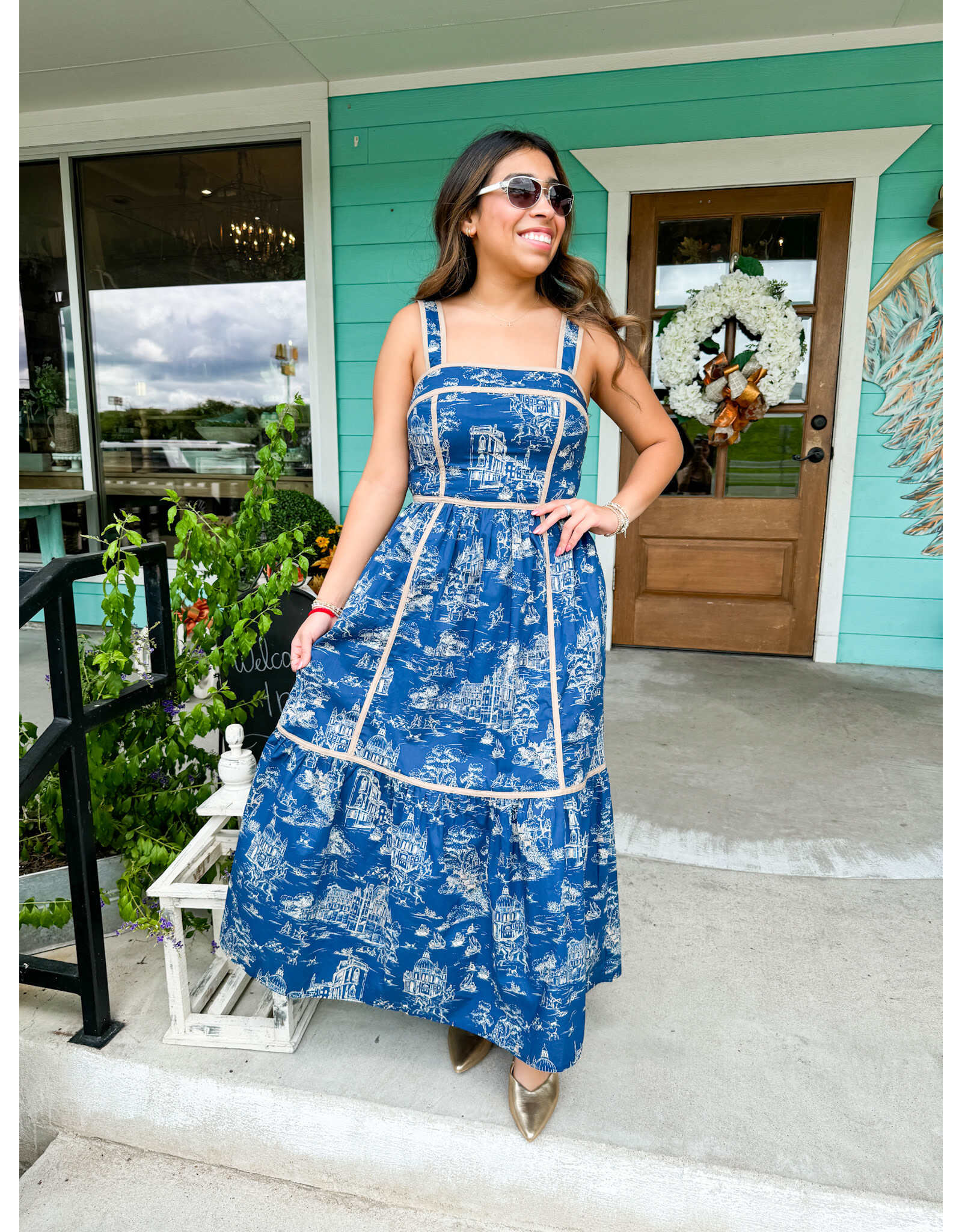 Indigo City Toile Print Midi Dress