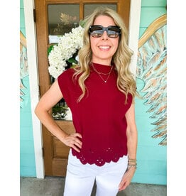 Maroon Eyelet Detail Cap Sleeve Sweater