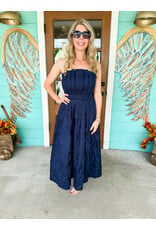 Navy Brocade Strapless Pleated Dress