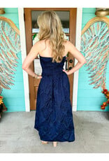 Navy Brocade Strapless Pleated Dress