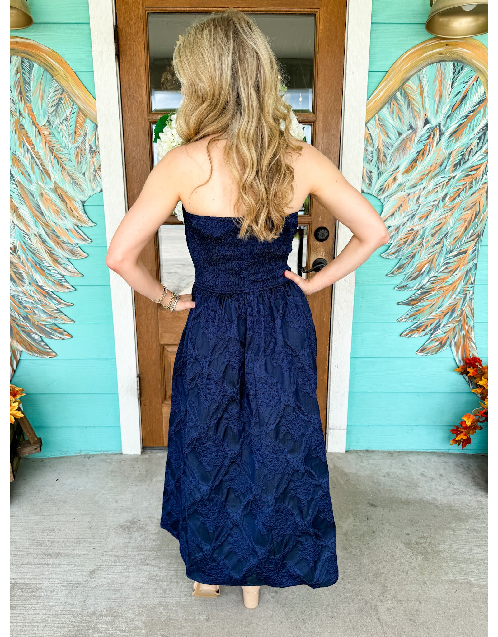 Navy Brocade Strapless Pleated Dress