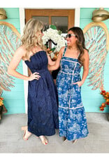 Navy Brocade Strapless Pleated Dress