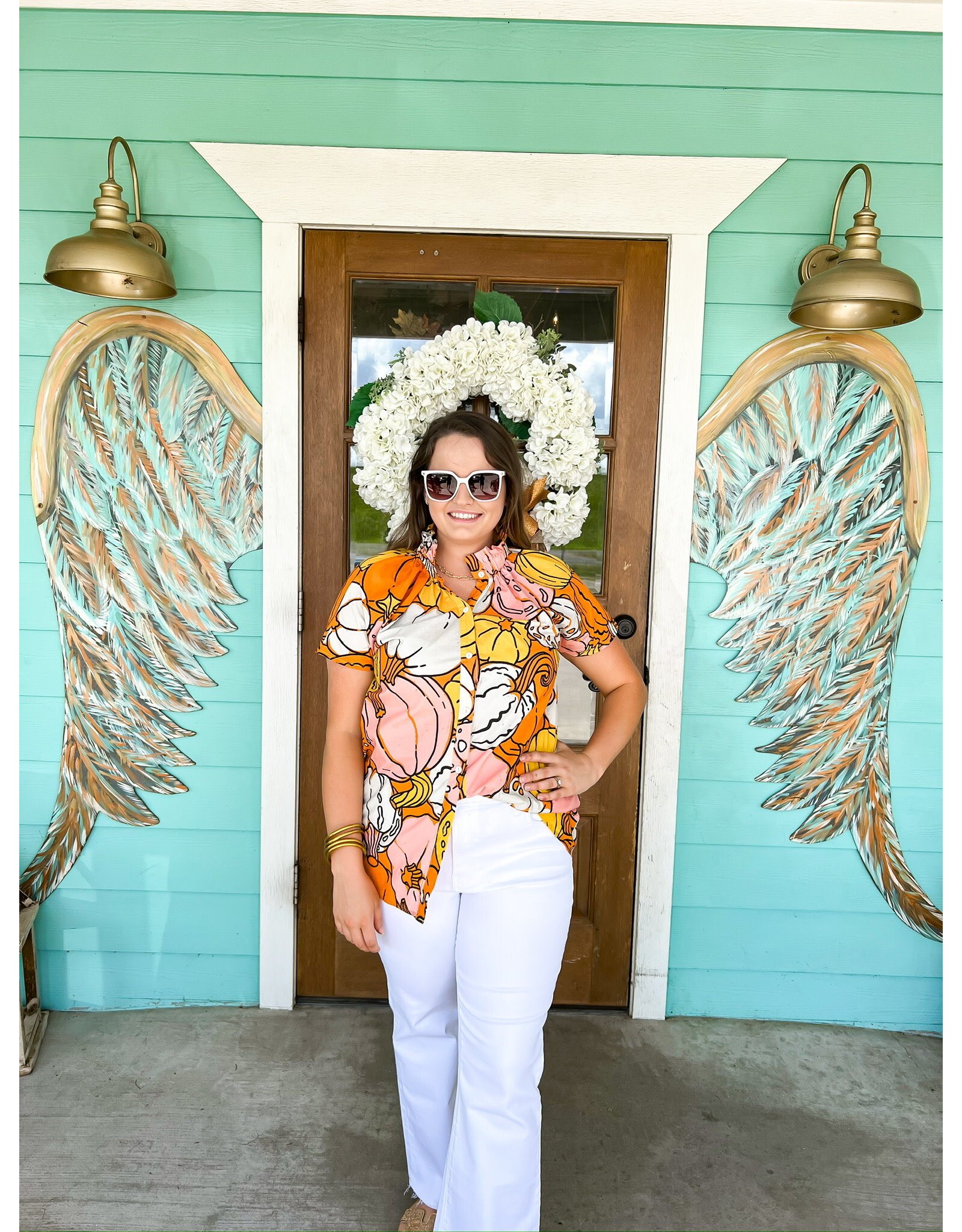 Multi Pumpkin Button Up Top